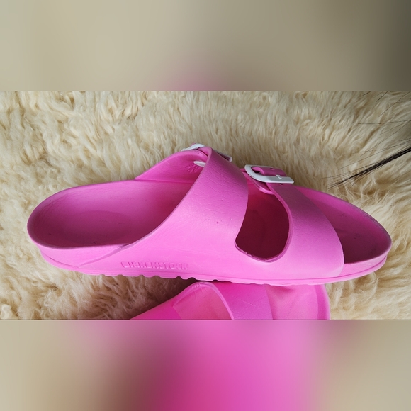 Birkenstock Pink Double Strap Slide Sandals with White Buckles - Picture 2 of 5